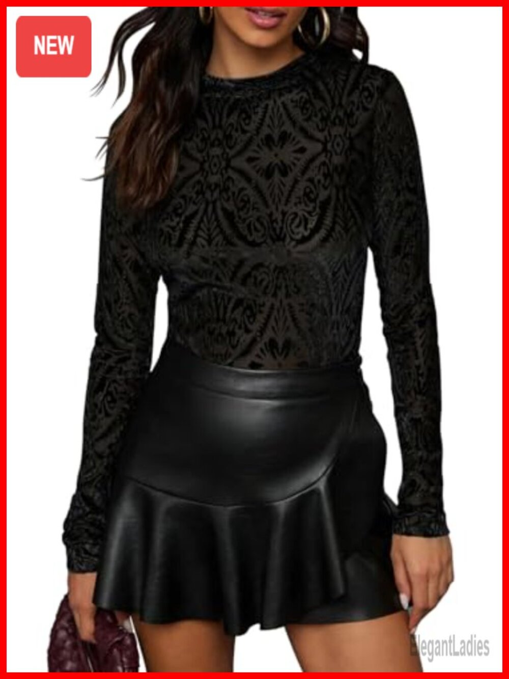 Velvet Burnout Top Womens Crew Neck Long Sleeve Slim Fit Blouse